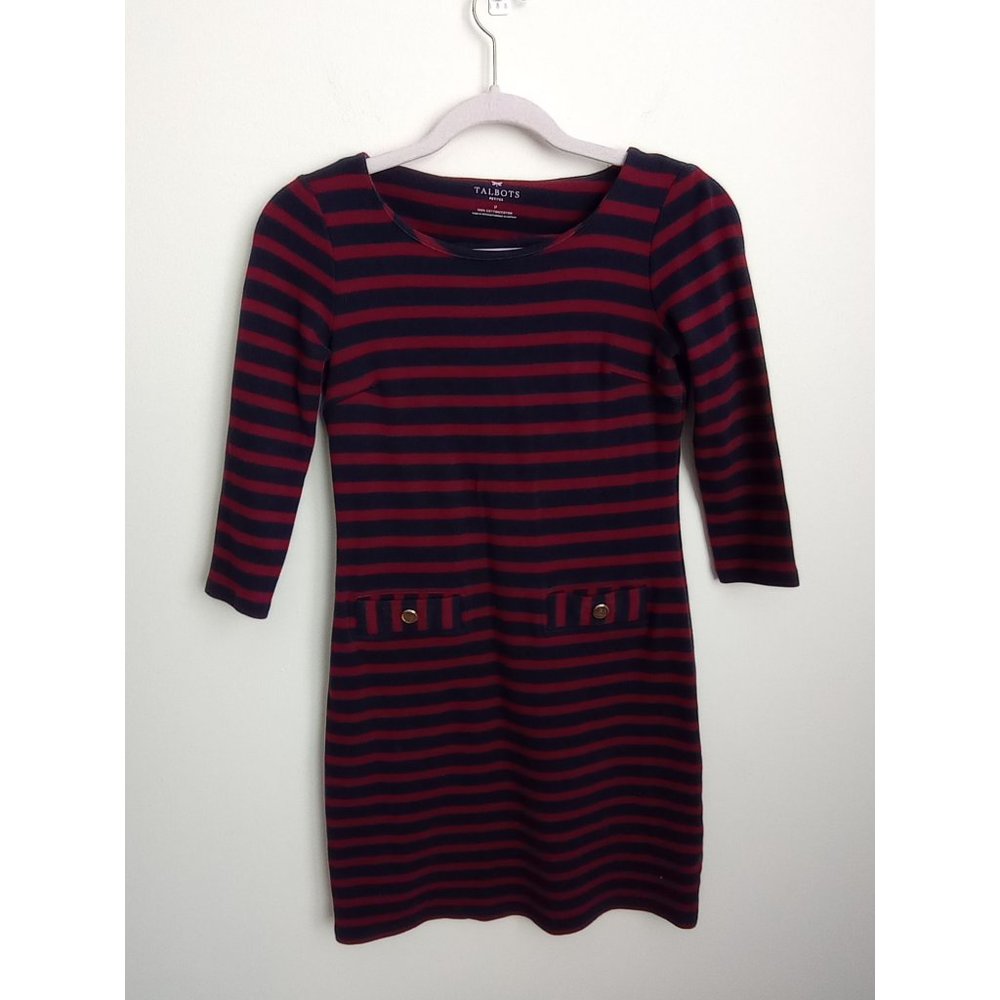 Talbots red and navy striped dress size P 100% Cotton